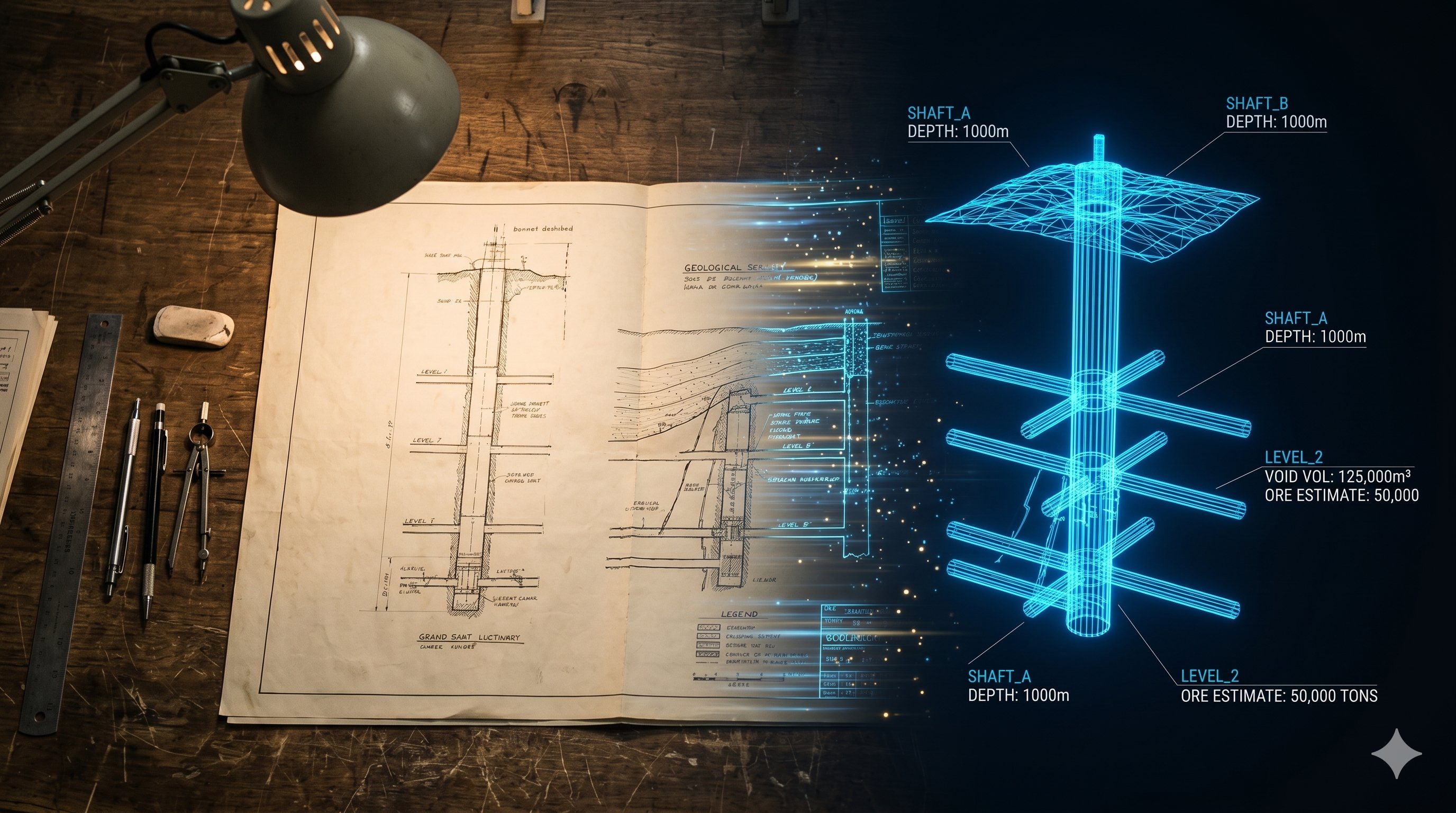Engineering blueprints transitioning to holographic 3D mine shaft model